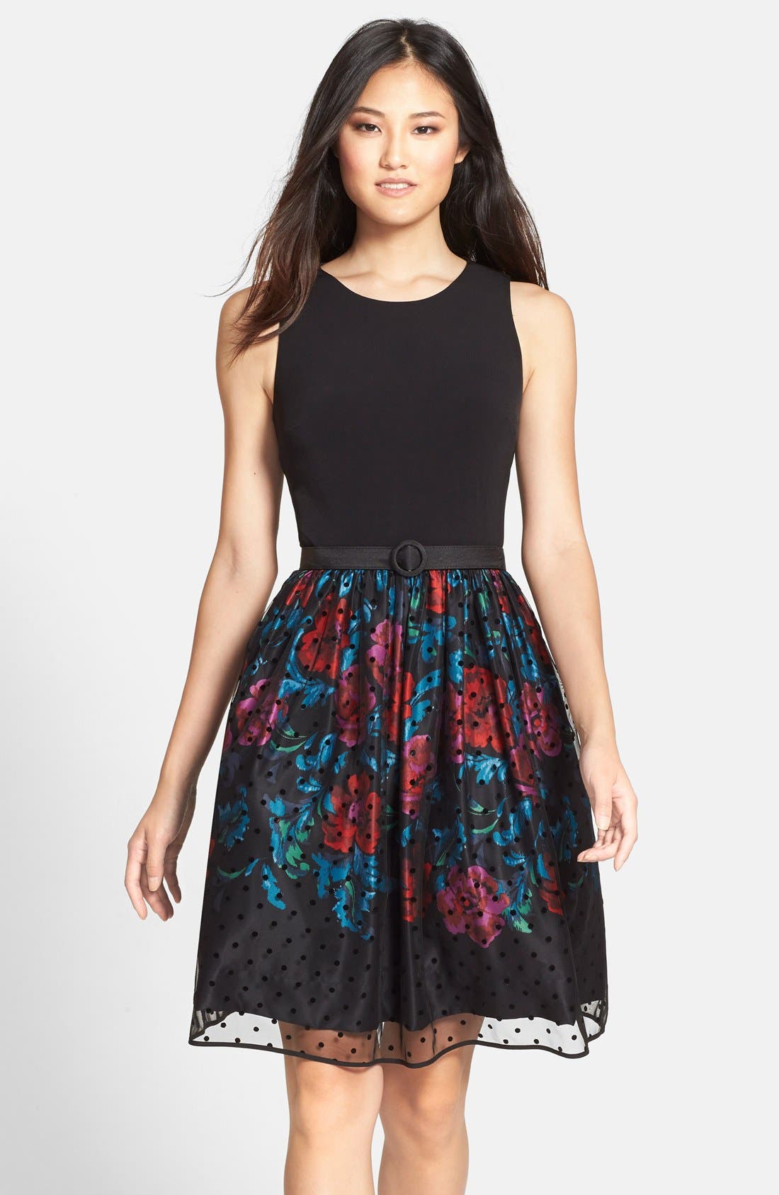 Eliza J Belted Mixed Media Fit & Flare Dress Nordstrom