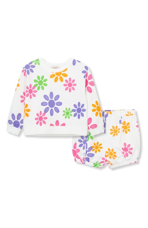 Flower Print Long Sleeve Top & Cotton Shorts Set (Baby)