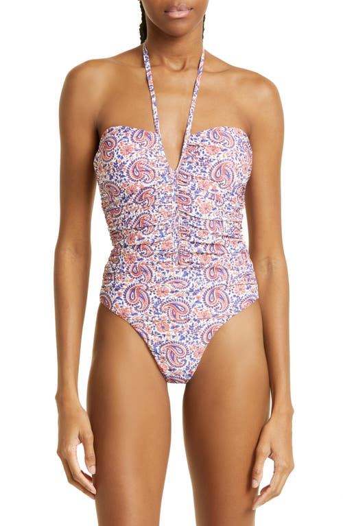 Shop Veronica Beard Hazina Paisley Ruched One-piece Swimsuit In Watermelon/blue