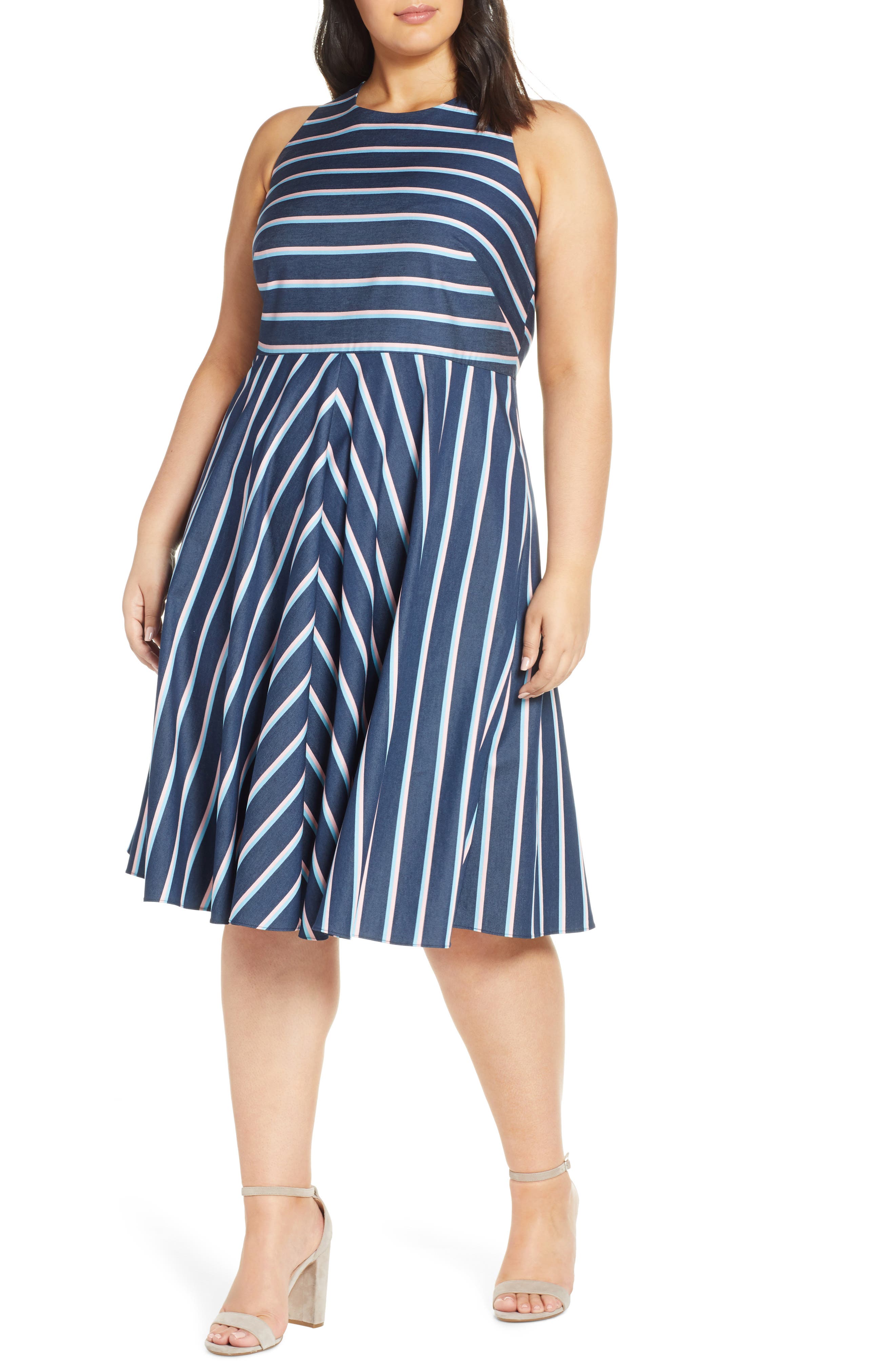Plus Size Eliza J Stripe Fit & Flare Dress, Blue