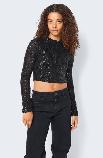 Noisy May night long sleeve sequin hoodie in black