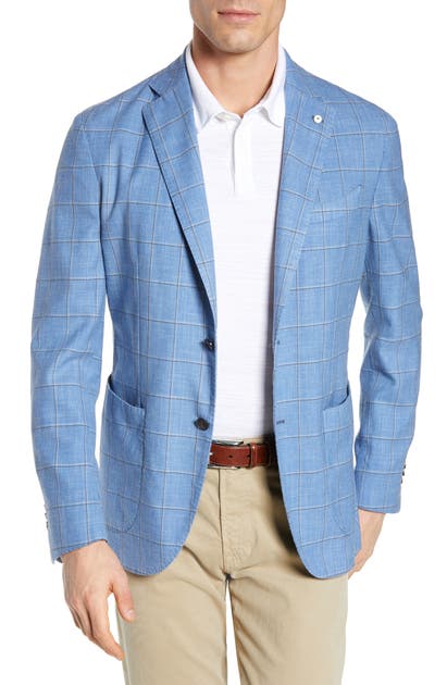 Click to view more detailed imagery on our partner's website L.B.M. 1911 Trim Fit Windowpane Wool Blend Sport Coat In Turquoise/ Aqua