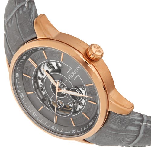 Shop Heritor Automatic Davies Semi-skeleton Leather-band Watch In Rose Gold/gray