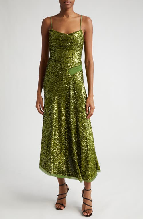 Jason Wu Collection Sequin Asymmetric Mesh Inset Gown in Avocado