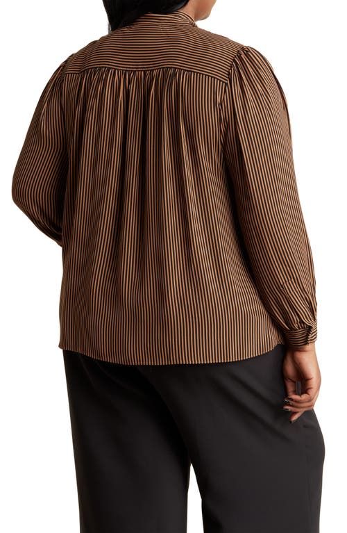 Shop T Tahari Tie Neck Button-up Shirt In Luggage/black Stripe