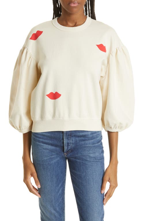 Clare V. Lips Print Puff Sleeve Cotton Sweatshirt in Cream W/Poppy Lips