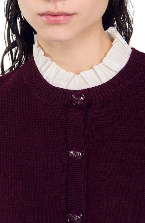 Shop Sandro Knit Cardigan With Ruffled Collar In Bordeaux