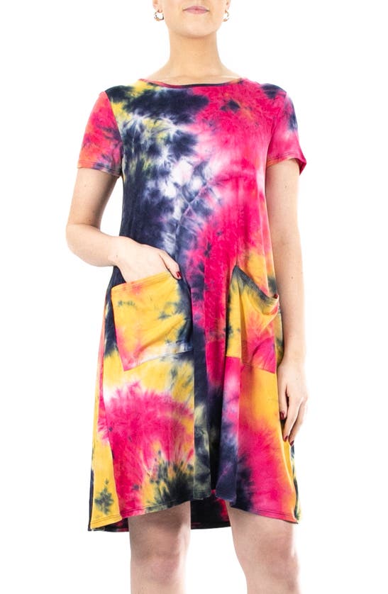 Nina Leonard Scoop Neck Tie-dye Print Dress In Navy/pin M