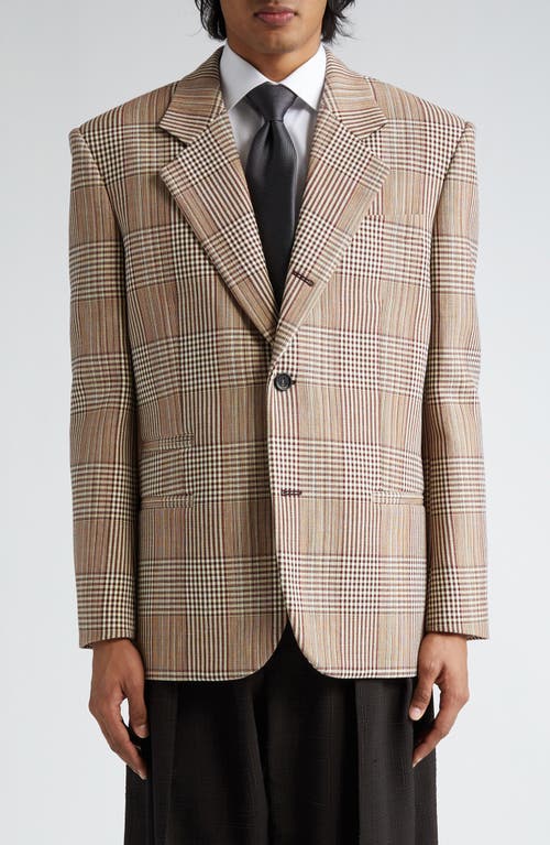 Shop Bottega Veneta Relaxed Fit Check Double Face Cotton Blend Blazer In Brown/white/yellow