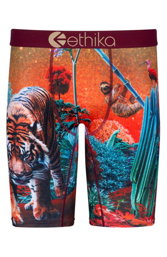 Ethika Kids' Forest Tiger Boxer Briefs In Red/ Green