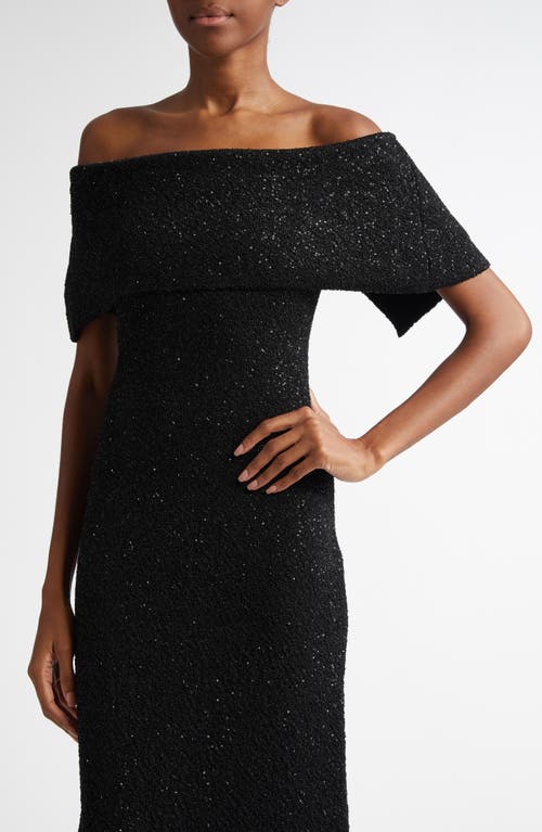 Lela Rose Sequin Off The Shoulder Knit Gown In Black