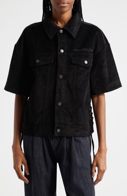 Short Sleeve Cotton Corduroy Shirt Jacket in Black