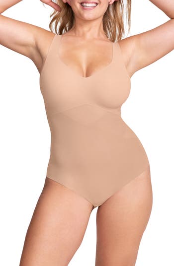 Honeylove Women's Mid-Thigh Shaping Built-In Bra Bodysuit JM3 Sand Small  NWT