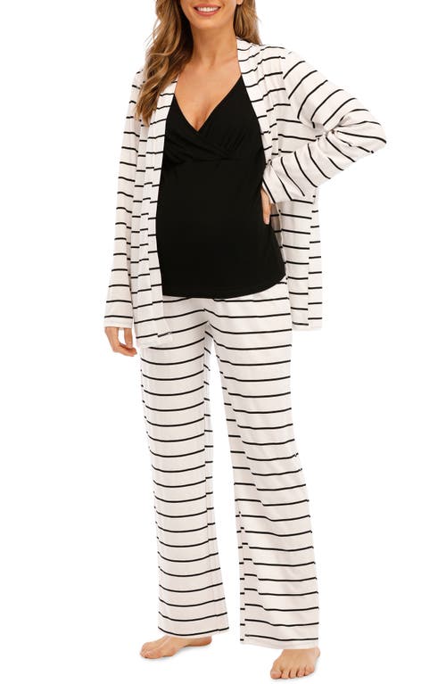 Savi Mom Riviera Tank, Pants & Robe Maternity Set In Black/white Stripes