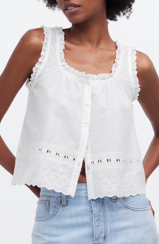 Madewell Embroidered Ruffle Trim Sleeveless Top In White