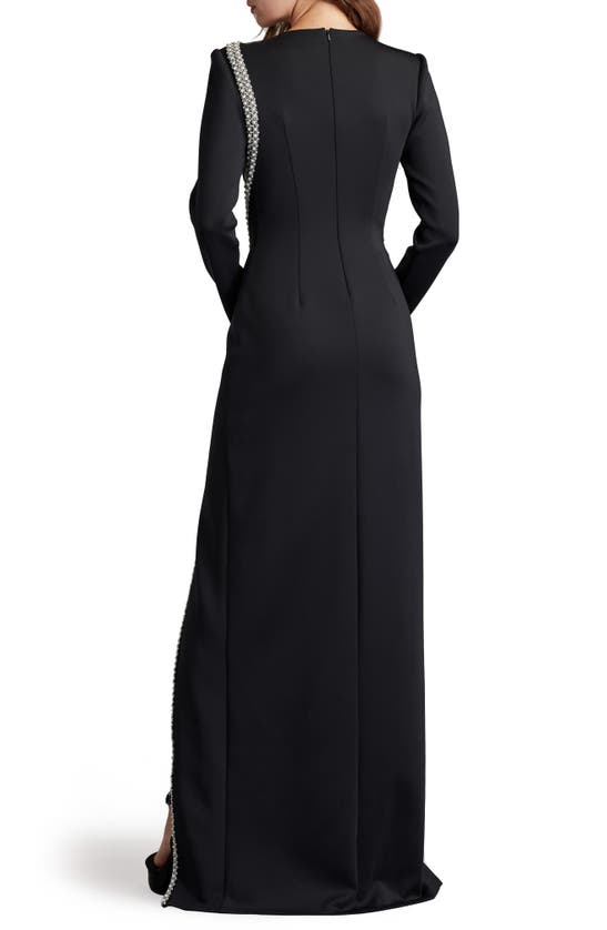 Shop Sho By Tadashi Shoji Imitation Pearl & Crystal Detail Long Sleeve Sheath Gown In Black