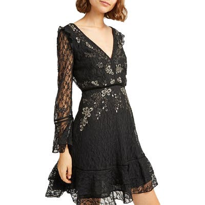French Connection Bella Sparkle Long Sleeve Skater Dress, Black