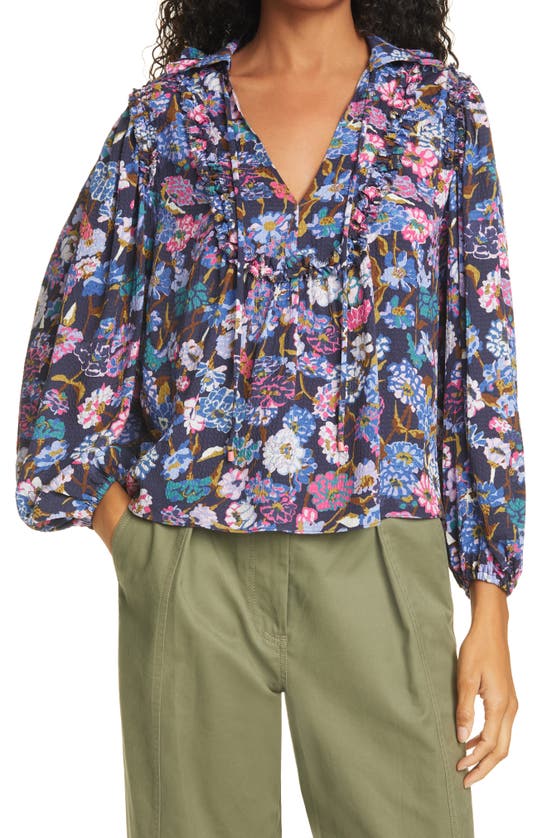 TANYA TAYLOR ANIELA FLORAL PUCKERED SILK PEASANT BLOUSE,P20T753153
