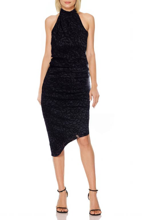 Jewel Badgley Mischka Stretch Lace Asymmetric Body-Con Cocktail Dress in Black 