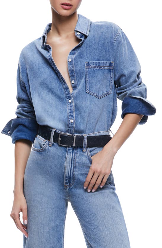 Alice And Olivia Oversize Cotton Blend Denim Button-up Shirt In Sadie Lt Vintage Blue