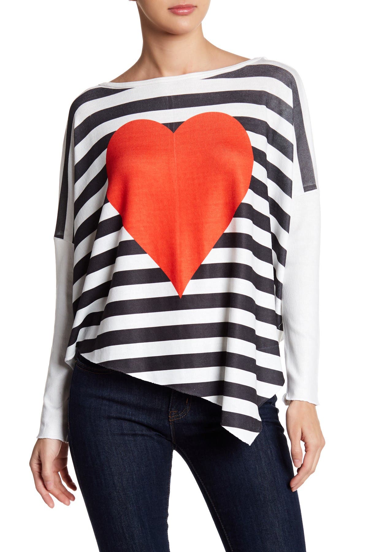 Go Couture Printed Asymmetrical Hem Dolman Sweater In Ivory Red Heart Stripes