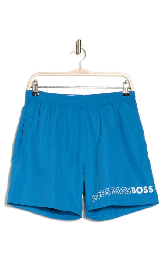 Shop Hugo Boss Boss Recycled Polyester Dolphin Shorts In Medium Blue