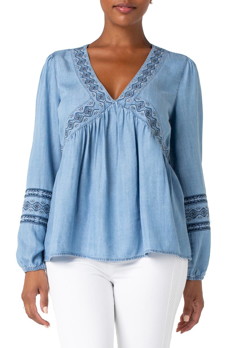 Embroidered Neck Peasant Top, Main, color, SKYFALL MED