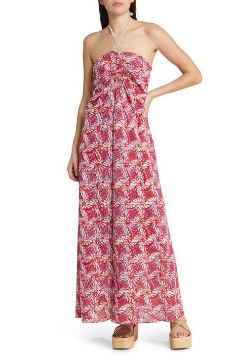 NEW TRINA TURK Pink Sweet Stripe Plunge Halter Cover-up Maxi Dress