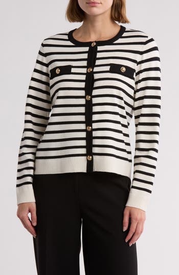 By Design Keira Chest Pocket Cardigan In Antique Stripe