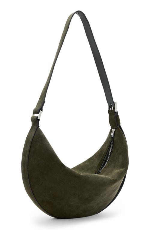 Shop Allsaints Half Moon Suede Shoulder Bag In Olive Green