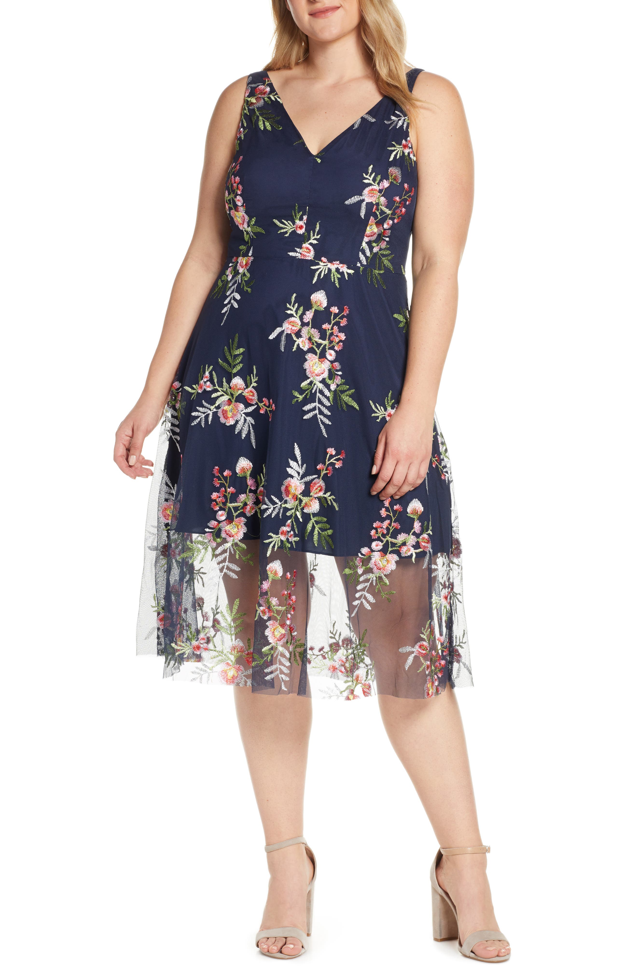 vince camuto embroidered mesh midi dress