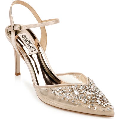 Badgley Mischka Opal Crystal Embellished Pointed Toe Pump, Beige