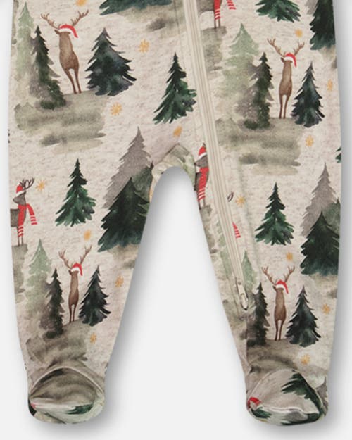 Shop Deux Par Deux Baby Boy's Organic Cotton One Piece Pajama Gray Mix Printed Reindeer In Printed Christmas Deer