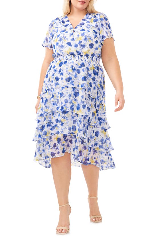 Shop Vince Camuto Floral Tiered High-low Dress In Ultra White