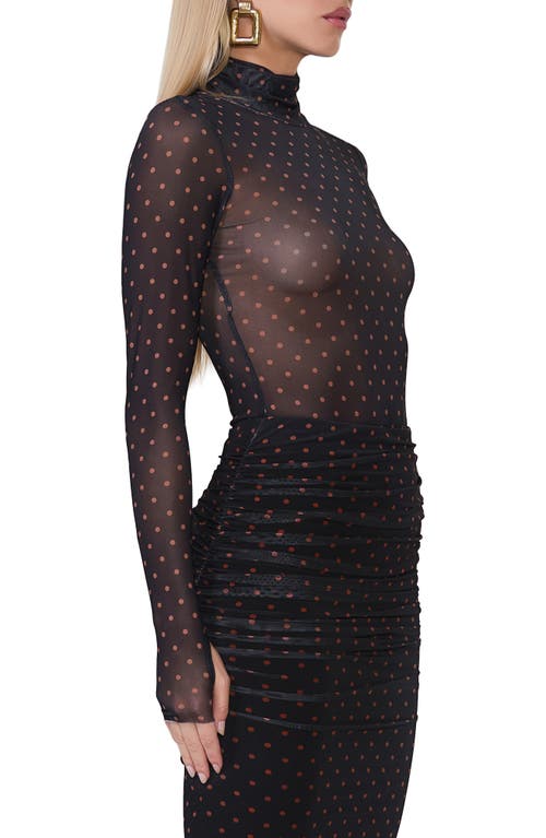 Shop Afrm Zadie Print Turtleneck Mesh Top In Sepia Dot