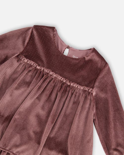 Shop Deux Par Deux Girl's Long Sleeve Metallic Dress With Frills Burgundy In Prune