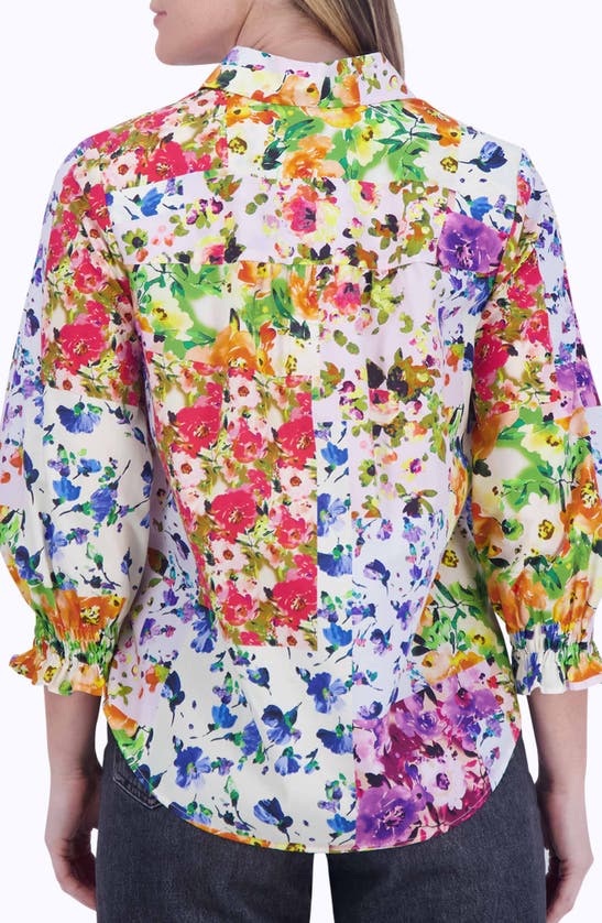 Foxcroft Olivia Floral Ruffle Sleeve Button-up Shirt In Blue/ Yellow Multi