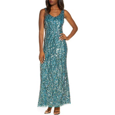 Pisarro Nights Sequin & Bead Sleeveless Gown, Blue