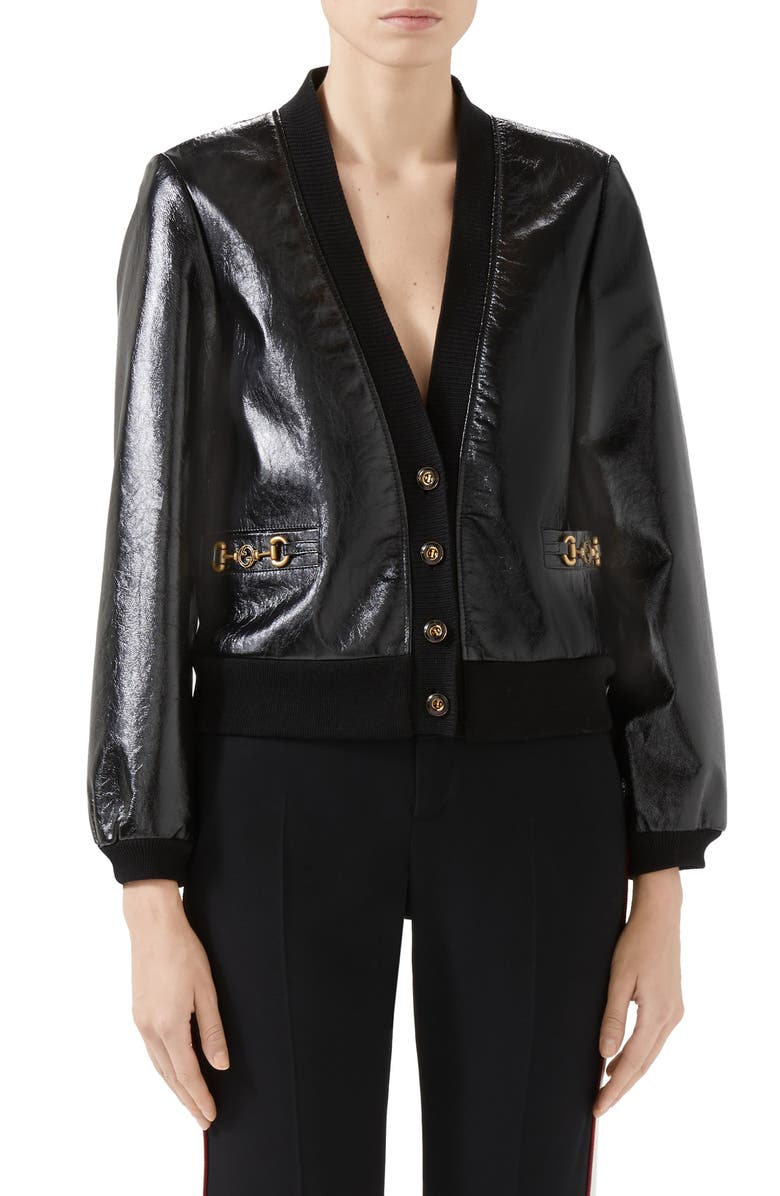 GUCCI Interlocking-G Horsebit Leather Jacket, Main, color, Black