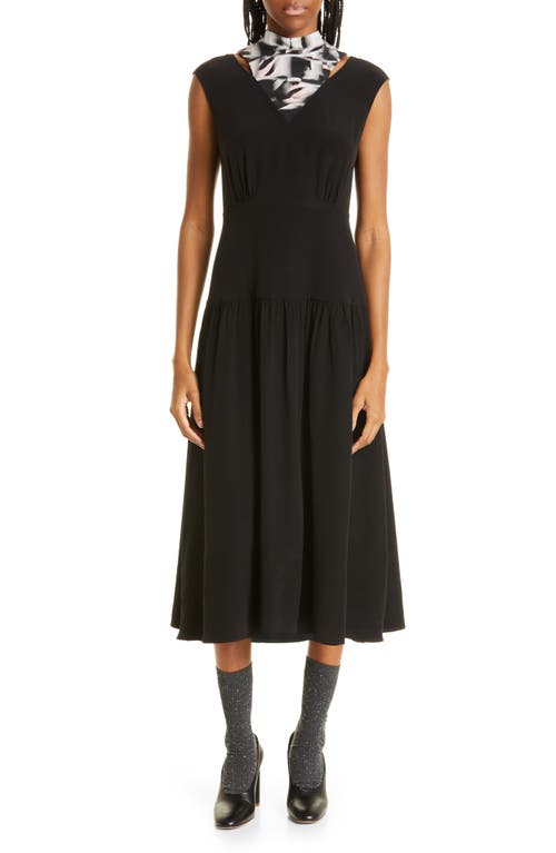 Cap Sleeve Midi Fit & Flare Dress with Silk Neck Tie in Black/Pink