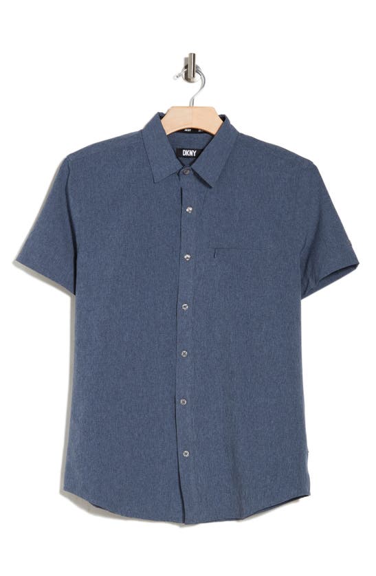 Shop Dkny Sportswear Lorin Short Sleeve Button-down Tech Shirt In Blue Heather
