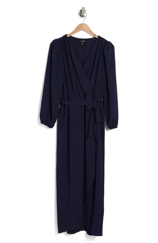 Connected Apparel Faux Wrap Long Sleeve Maxi Dress In Navy