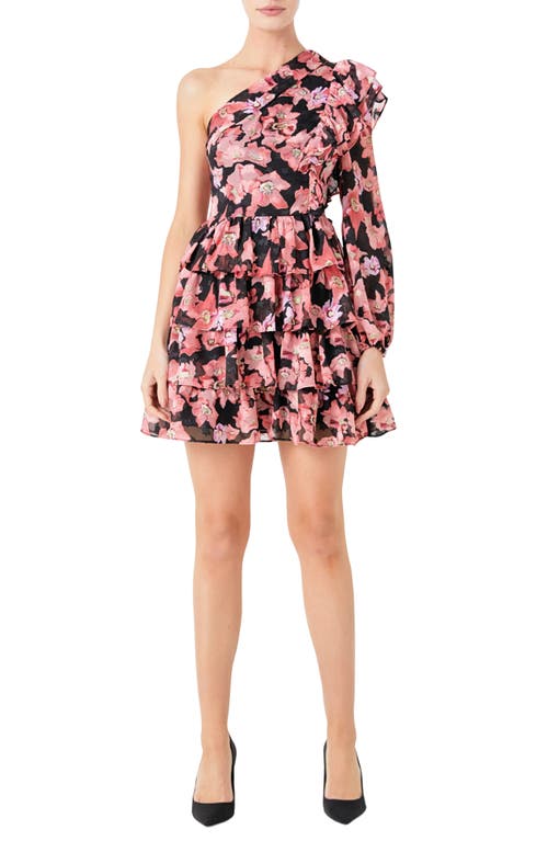 Endless Rose Floral One-shoulder Single Long Sleeve Chiffon Minidress In Black/pink