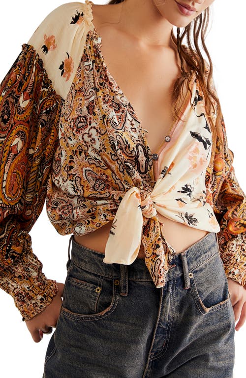 Free People Gemini Patchwork Print Button-Up Blouse in Sand Combo