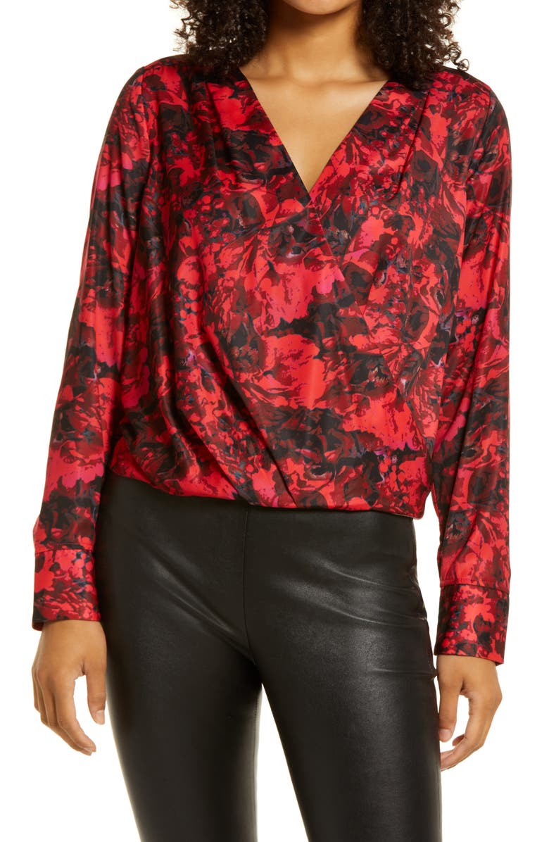 HALOGEN<SUP>®</SUP> Cross Front Satin Top, Main, color, RED BITTERSWEET FLORAL