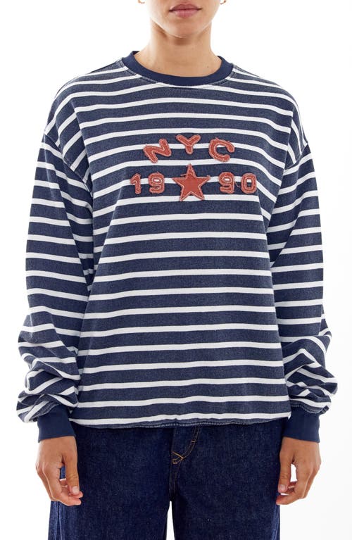 Shop Bdg Urban Outfitters Nyc 1990 Appliqué Stripe Long Sleeve Cotton Graphic T-shirt In Navy Stripe