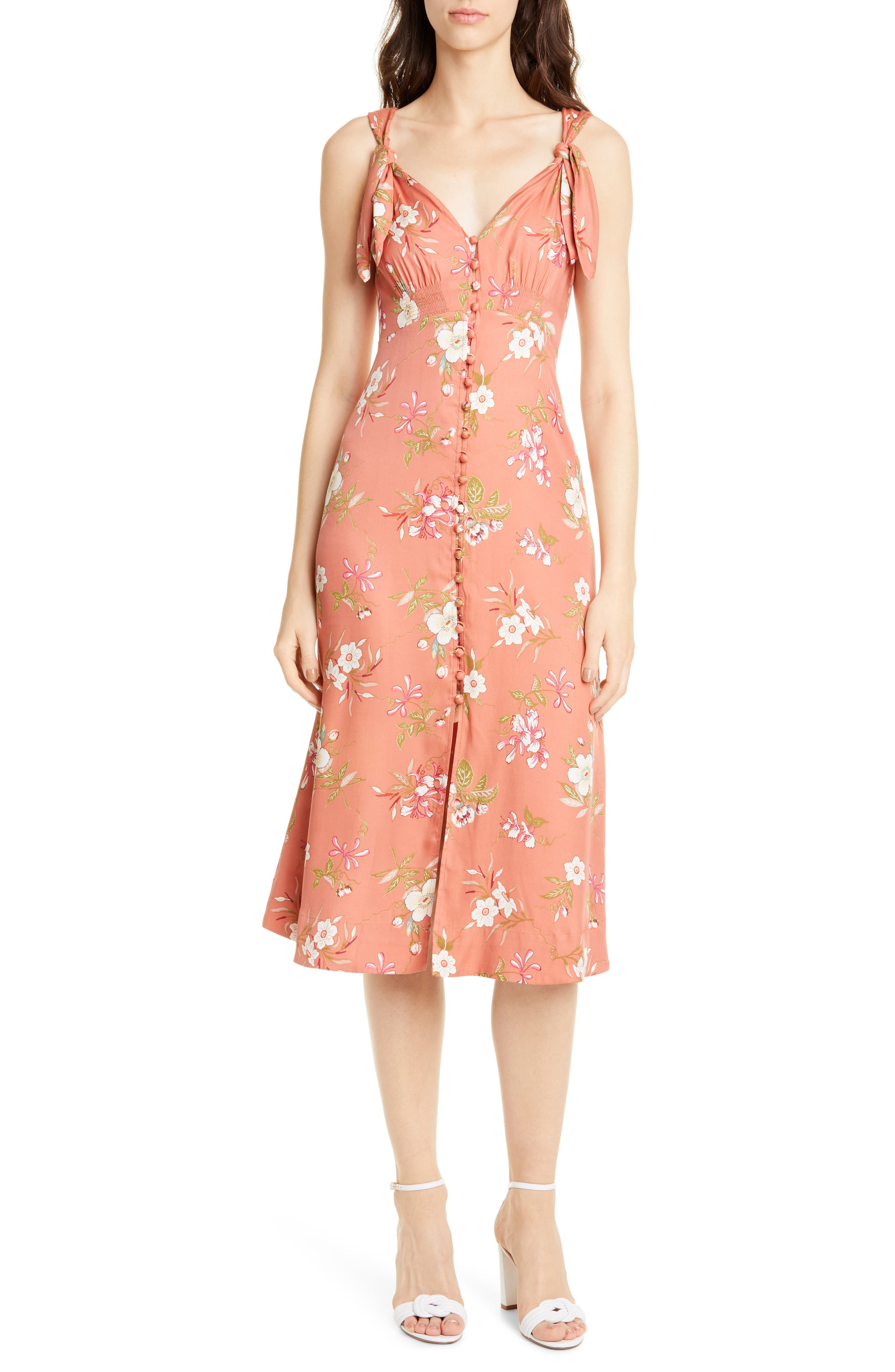 Rebecca Taylor Floral Lita Tie Detail Silk Blend Midi Dress, Orange