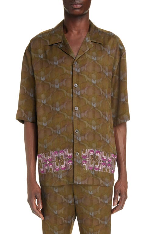 Dries Van Noten Cassi Embroidered Boxy Fit Camp Shirt Khaki 606 at Nordstrom,