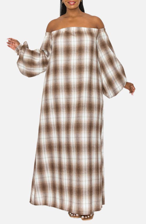 L I V D Zoe Plaid Long Sleeve Off The Shoulder Maxi Dress In Light/pastel Brown
