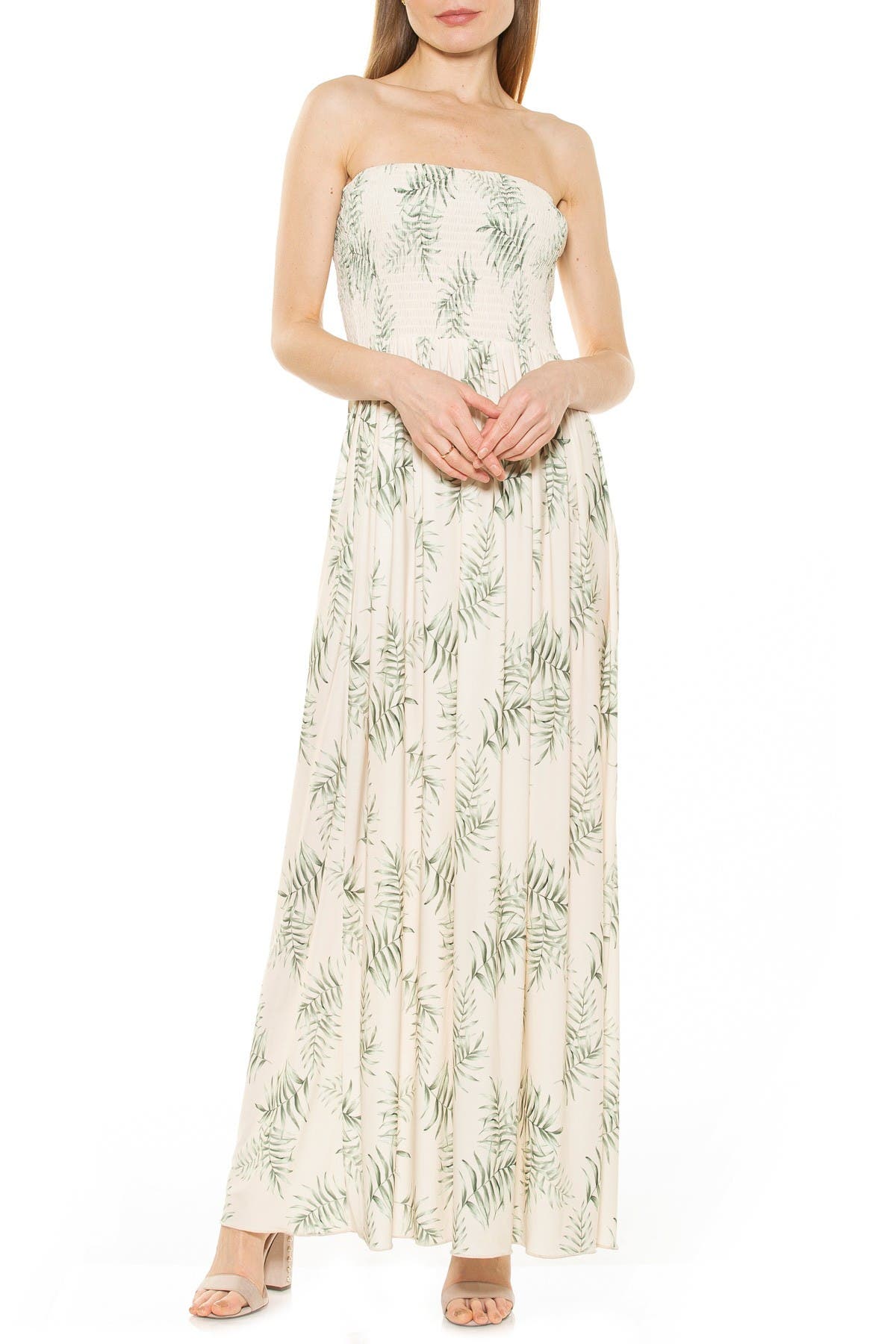 Alexia Admor Emmy Strapless Smocked Maxi Dress In Ivory Palm